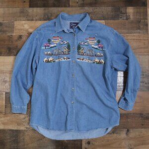Quizz Again Womans XL Denim Noah's Ark Embroidered Button Up 90s